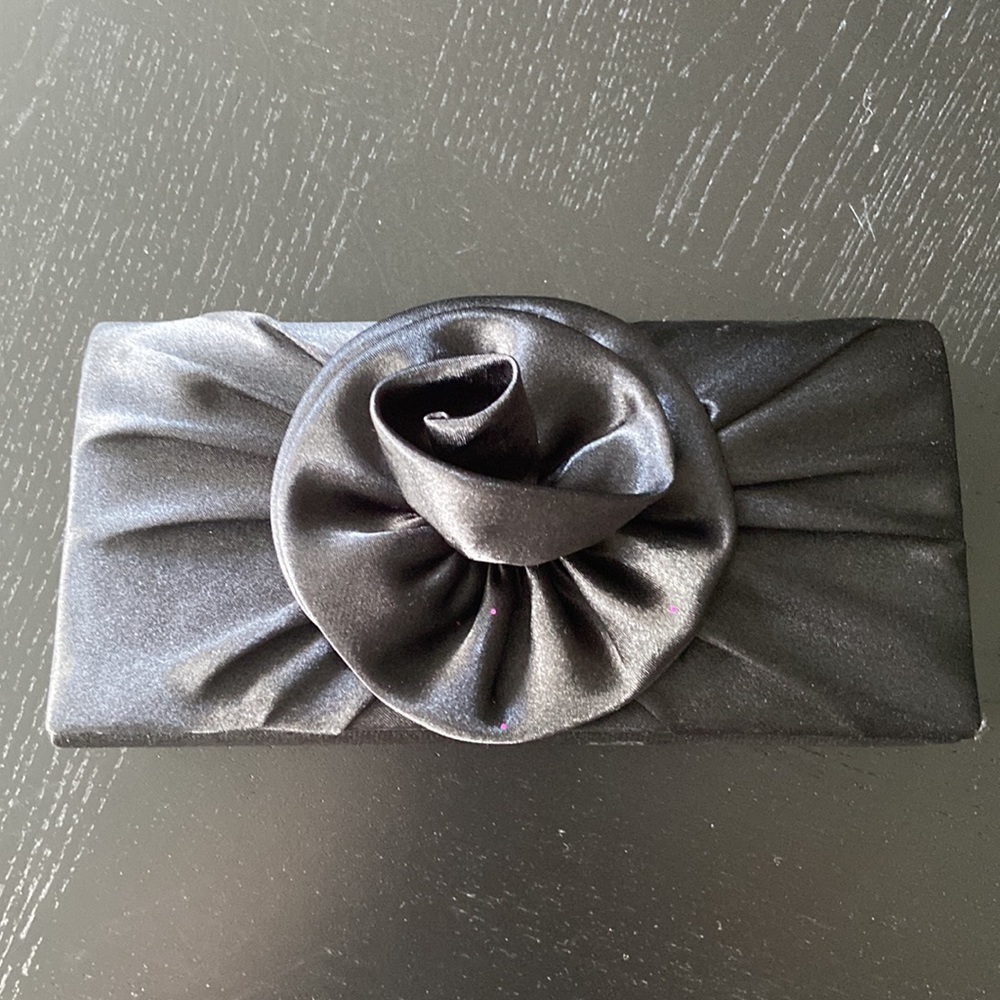 Elegant Black Satin Flower Clutch
